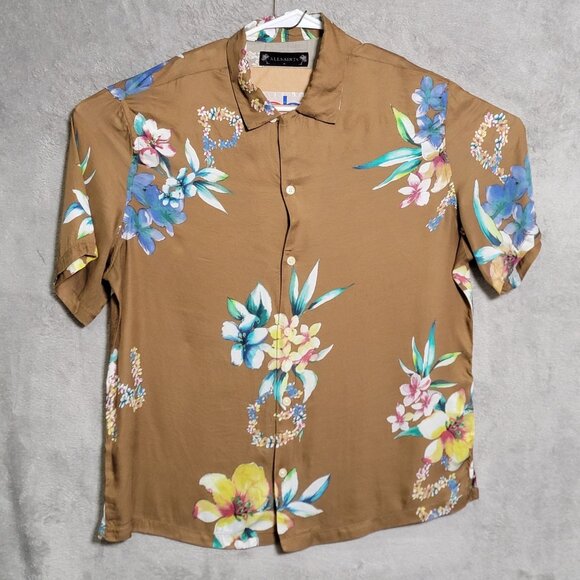 AllSaints Hana Shirt Mens Sz Medium Brown Floral Hawaiian Viscose Short Sleeve - Picture 1 of 10